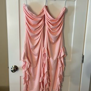 Size medium, pink, strapless, ruffle dress.